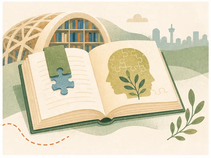 Open library book with a puzzle-piece bookmark, brain-shaped puzzle diagram, leaves, and a soft Calgary reading landscape.